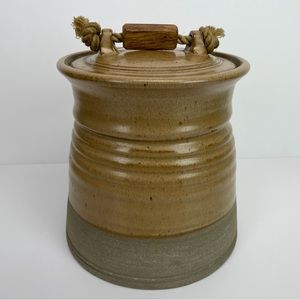 Art Pottery Stoneware Canister Hand Thrown with Lid Wood & Rope Handle Vintage